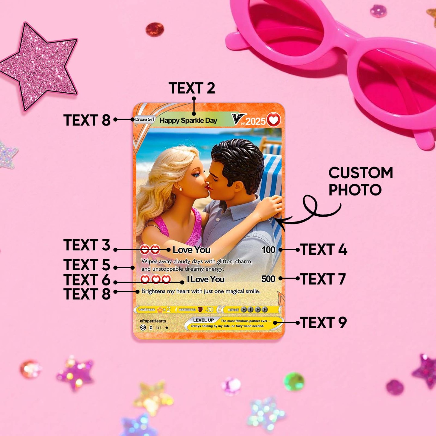 Custom Pink Fantasy Style Couple Card Personalized Mini Card for Anniversary Gift Birthday Keepsake for Girlfriend or Boyfriend - MyPhotoSocks