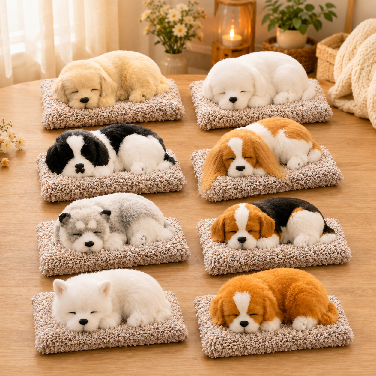 Lifelike Sleeping Puppy Plush Figurine with Fluffy Cushion | Artificial Companion Dog Model for Home, Office & Vehicle Dashboard Ornament