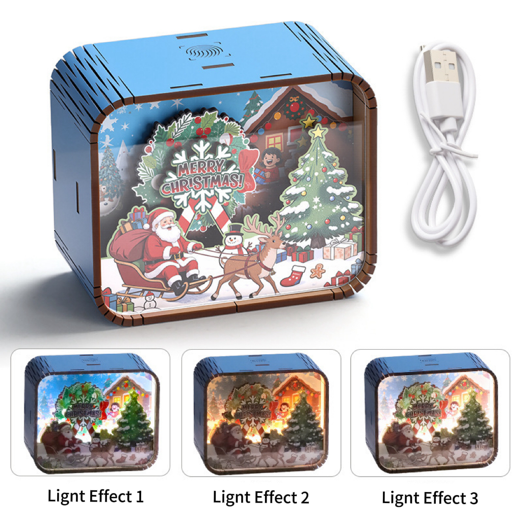 Wooden Christmas Music Box with Color-Changing Night Light - Holiday Gift