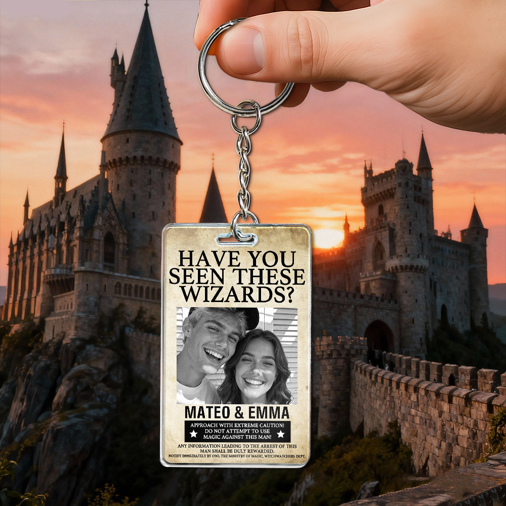 Custom "Have You Seen This Wizard?" Wanted Poster Acrylic Keychain Ornament and Wallet Insert Card �C Personalized Name & House Styles