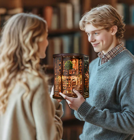 DIY Wooden "Wisdom Rings" Library 3D Puzzle Kit – LED Lighted Miniature Round Bookstore Model, Creative Handcrafted Gift (Battery Powered)