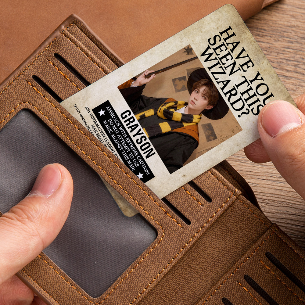 Custom "Have You Seen This Wizard?" Wanted Poster Acrylic Keychain Ornament and Wallet Insert Card �C Personalized Name & House Styles