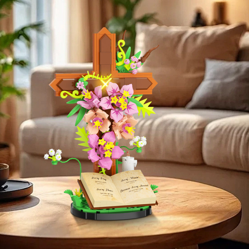 Lighted Floral Cross & Scripture Book Building Bricks Set – DIY Botanical Flower Ornament with Warm String Lights for Faith & Family Gift