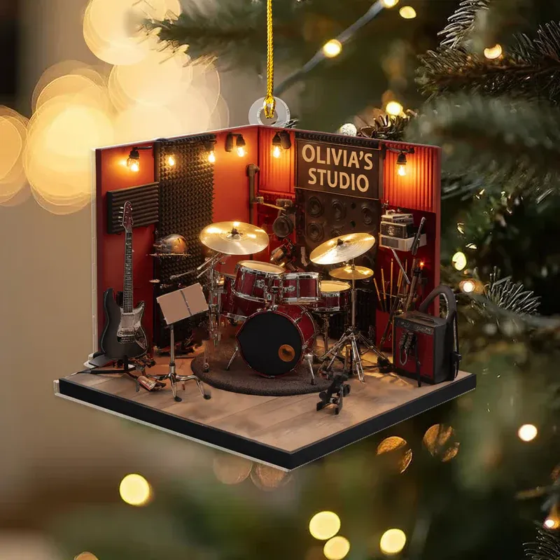 Personalized Drum Studio 2D Flat Acrylic Ornament – Custom Music Room Christmas Decoration Gift for Drummers & Musicians - MySpotifyGlass