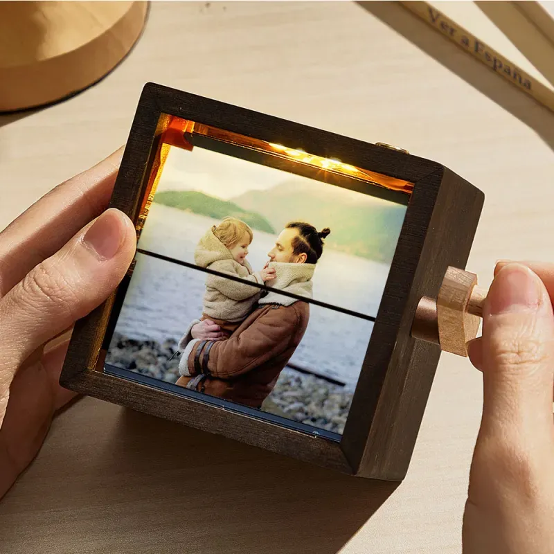 Custom Flip Book Frame Animation Machine Mechanical Personalized Hand-cranked Photo Album with Light Black Walnut Photo Cube Frame Father's Day Gifts