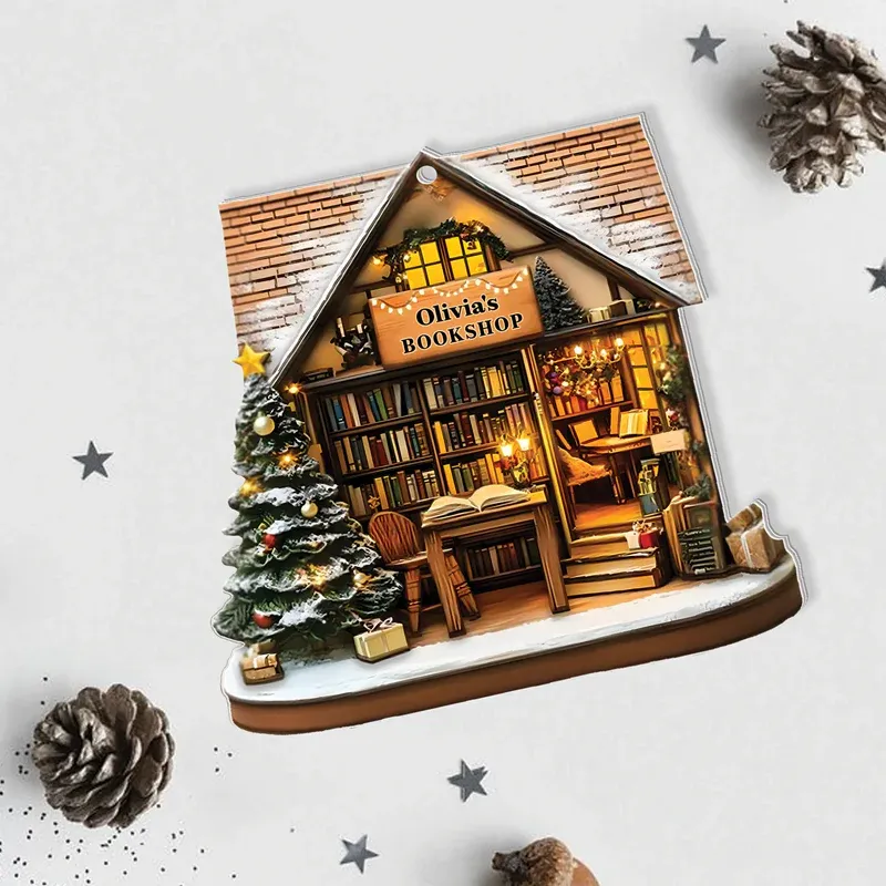 Bookshop Personalized Christmas Acrylic Ornament, Custom Name Holiday Tree Decoration for Book Lovers, Unique Ornament Gift for Readers - MySpotifyGlass
