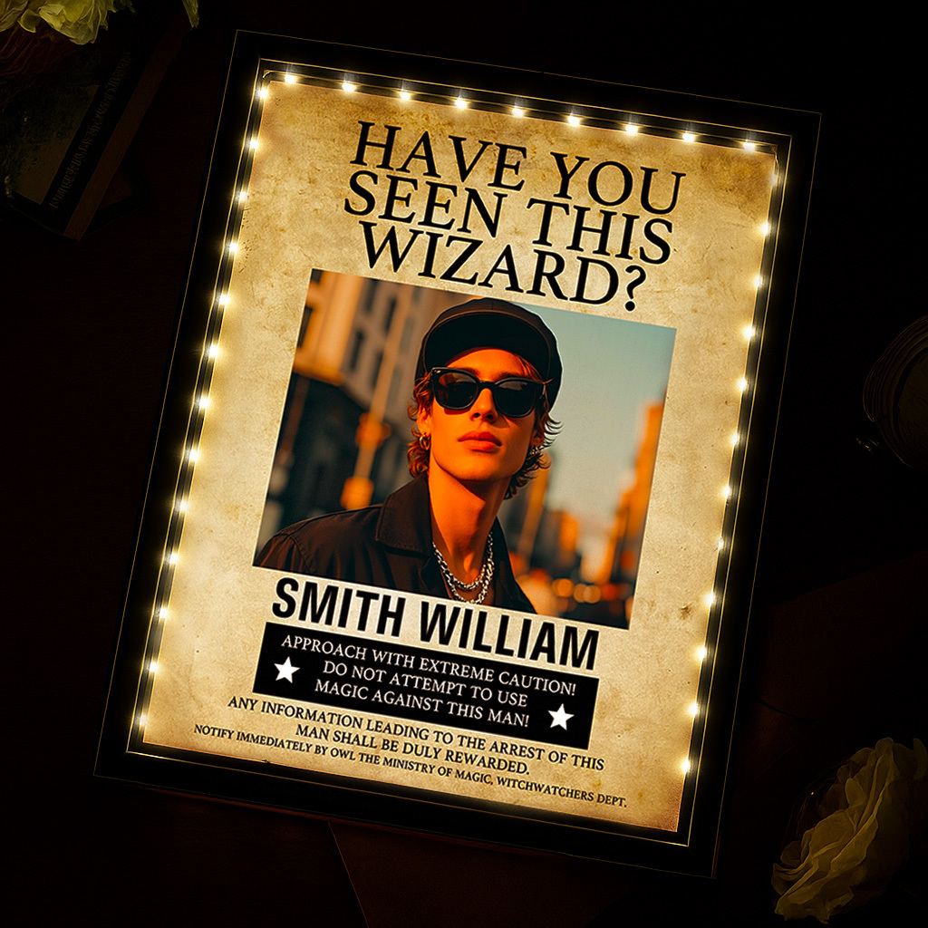 Custom "Have You Seen This Wizard?" Wanted Mirror Lamp �C Personalized Name & House Styles