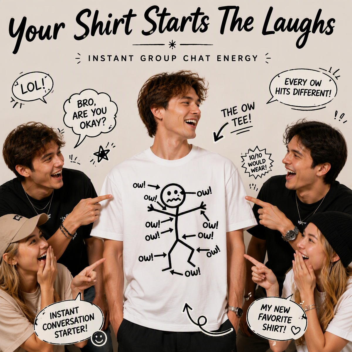 Funny Ow Ow Ow Ow Saying Body Pain Character Humor Sarcastic T-Shirt - MySpotifyGlass