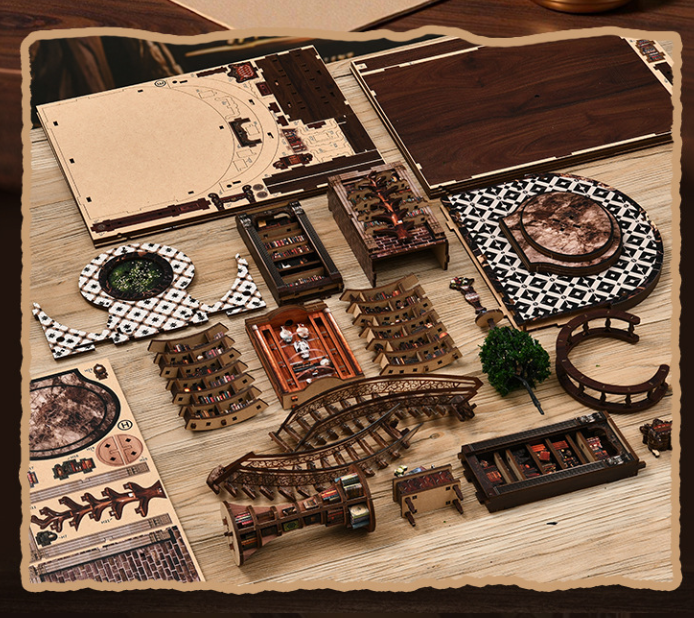 DIY Wooden "Wisdom Rings" Library 3D Puzzle Kit – LED Lighted Miniature Round Bookstore Model, Creative Handcrafted Gift (Battery Powered)