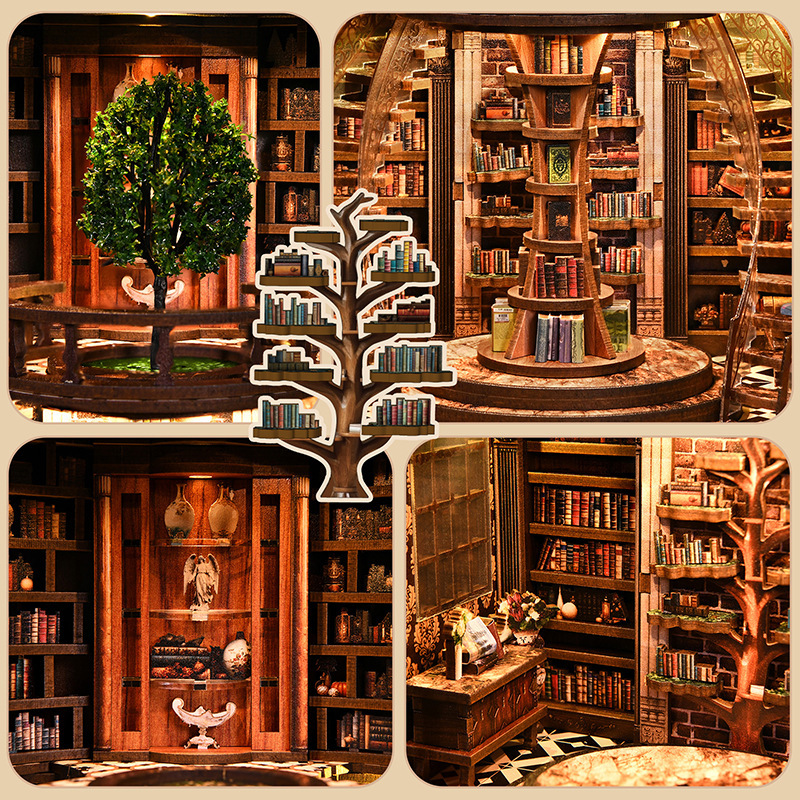 DIY Wooden "Wisdom Rings" Library 3D Puzzle Kit – LED Lighted Miniature Round Bookstore Model, Creative Handcrafted Gift (Battery Powered)