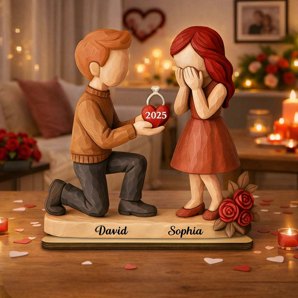 Personalized Wooden Plaque with Proposal Couple Figurines Custom Year & Names Unique Valentine's Day Gift