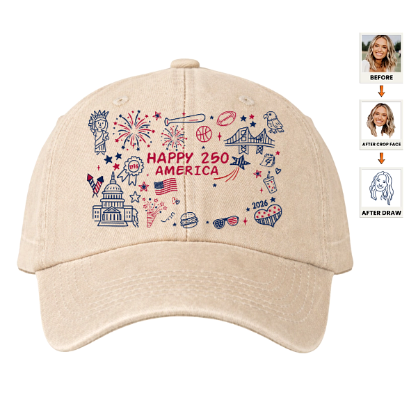 Custom Family Face Embroidered America 250th Anniversary Denim Hat - Personalized USA Semiquincentennial 1776-2026 Vintage Washed Baseball Cap