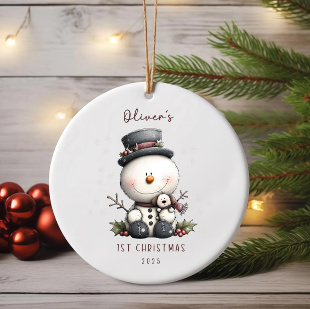 Personalized Baby's First Christmas Ornament Snowman Ceramic Keepsake Custom Baby Name Ornament
