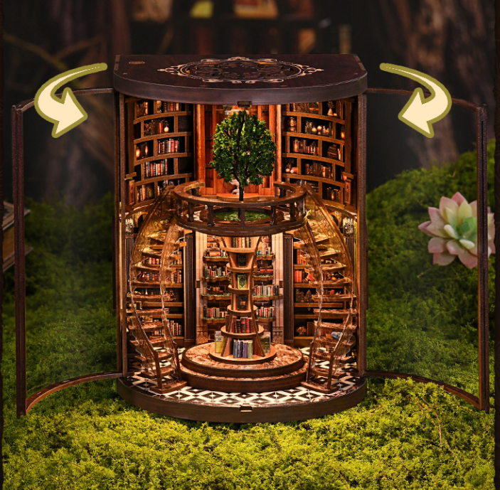 DIY Wooden "Wisdom Rings" Library 3D Puzzle Kit – LED Lighted Miniature Round Bookstore Model, Creative Handcrafted Gift (Battery Powered)