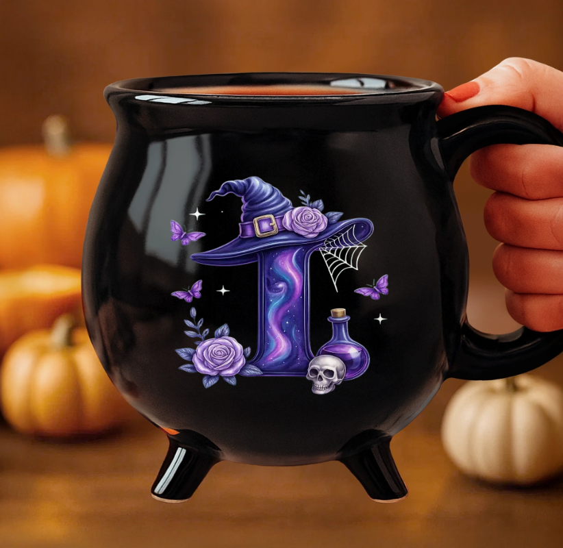 Custom 12oz Ceramic Cauldron Coffee Mug - Personalized Halloween Witchy Gifts For Besties Family Yourself Witchy Vibes Only Purple Letter