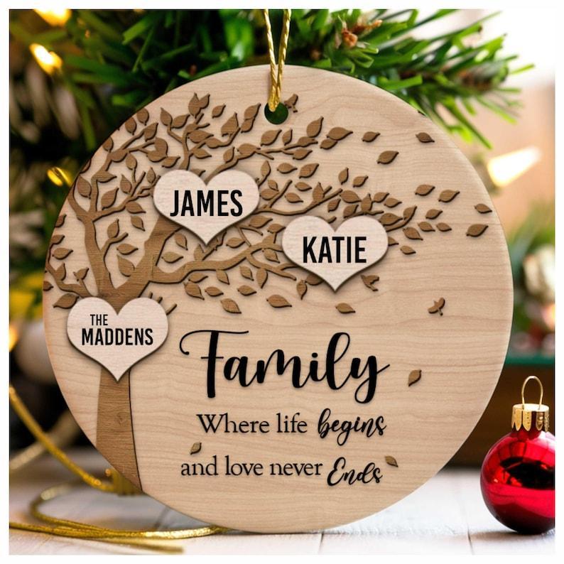 Family Where Life Begins and Never Ends Personalized 3 Inch Ceramic Christmas Ornament