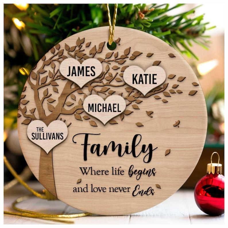 Family Where Life Begins and Never Ends Personalized 3 Inch Ceramic Christmas Ornament
