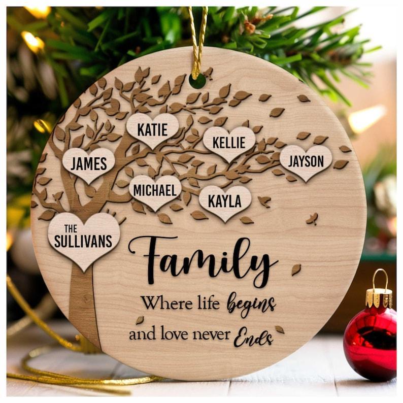 Family Where Life Begins and Never Ends Personalized 3 Inch Ceramic Christmas Ornament