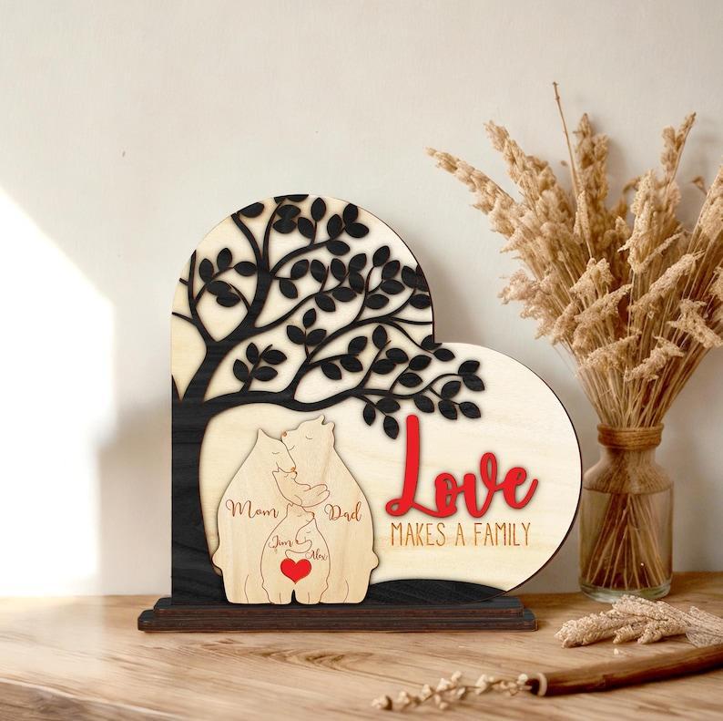 Personalized Wooden Bear Family Puzzle, Engraved Family Name Puzzle, Family Home Decor Family Names Father's Day Gift