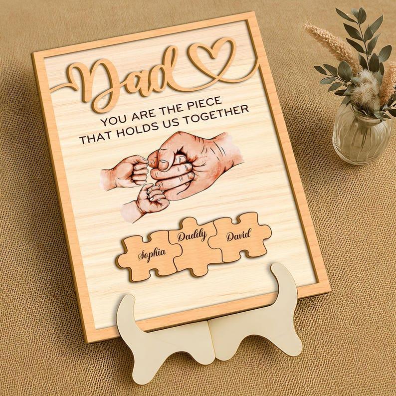 Custom Dad Puzzle 2 Layer Wood Sign, Piece That Holds Us Together Grandpa Gift, Dad With Kids Name Sign Father's Day Gift