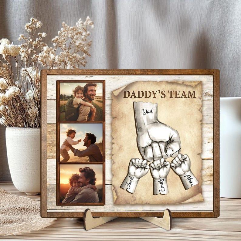 Personalized Daddy's Team Wooden Plaque, Custom Photo On Wood Sign, Fist Bump Dad Wooden Sign, Father's Day Gift for Dad, Husband, Grandpa