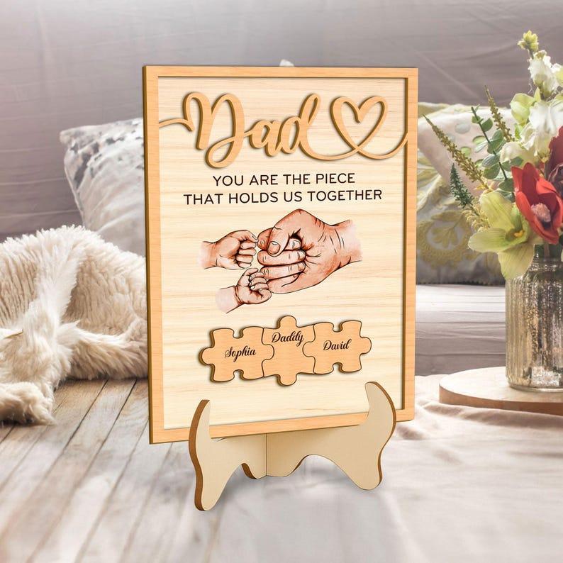 Custom Dad Puzzle 2 Layer Wood Sign, Piece That Holds Us Together Grandpa Gift, Dad With Kids Name Sign Father's Day Gift