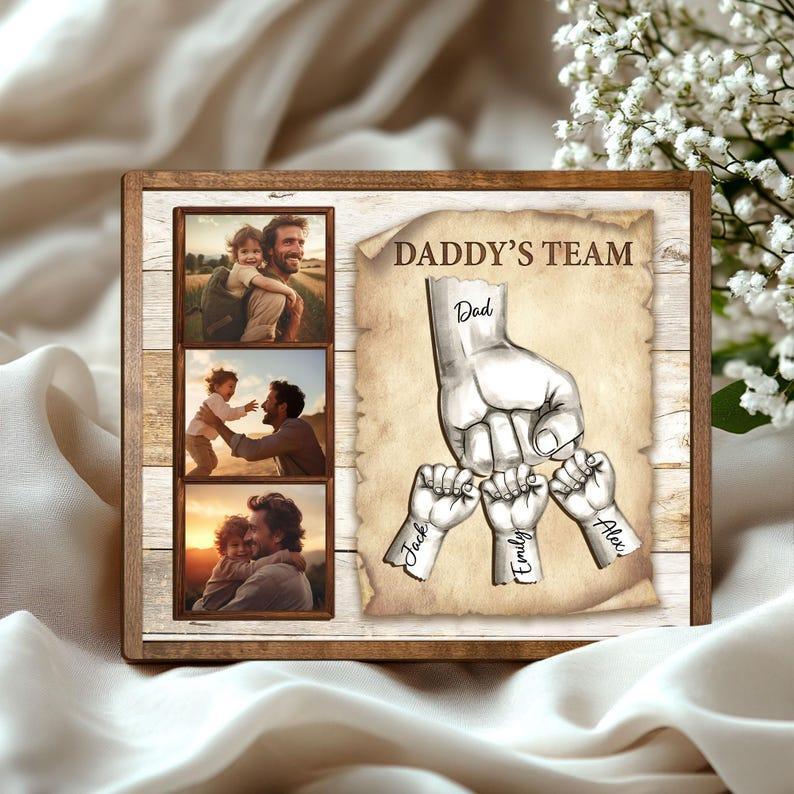 Personalized Daddy's Team Wooden Plaque, Custom Photo On Wood Sign, Fist Bump Dad Wooden Sign, Father's Day Gift for Dad, Husband, Grandpa