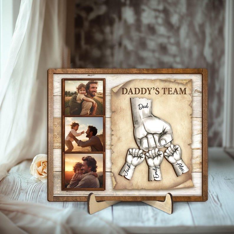Personalized Daddy's Team Wooden Plaque, Custom Photo On Wood Sign, Fist Bump Dad Wooden Sign, Father's Day Gift for Dad, Husband, Grandpa