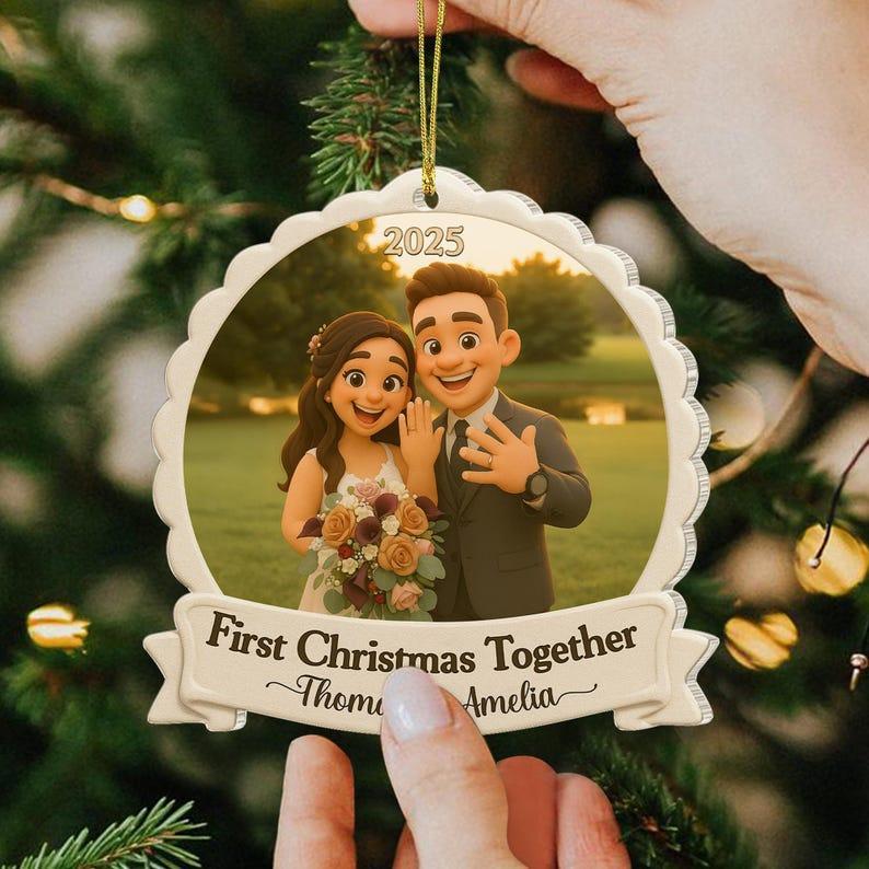 Personalized First Christmas Married Ornament, Custom Couples Photo Figure Ornament, First Christmas Together Gift For Him, Newlywed Gift - MySpotifyGlass