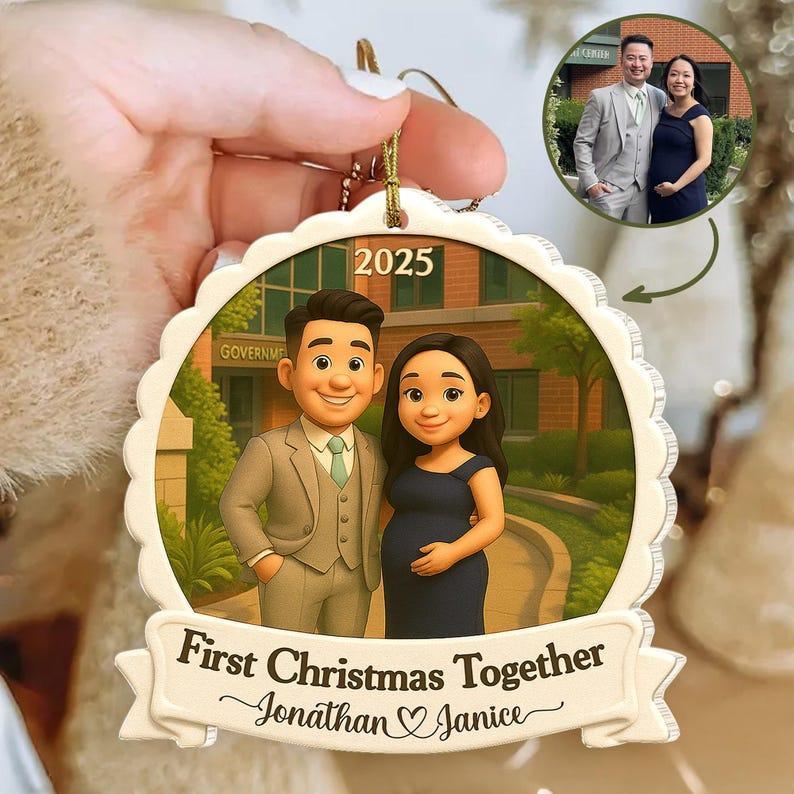 Personalized First Christmas Married Ornament, Custom Couples Photo Figure Ornament, First Christmas Together Gift For Him, Newlywed Gift - MySpotifyGlass