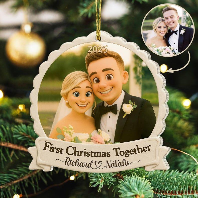 Personalized First Christmas Married Ornament, Custom Couples Photo Figure Ornament, First Christmas Together Gift For Him, Newlywed Gift - MySpotifyGlass