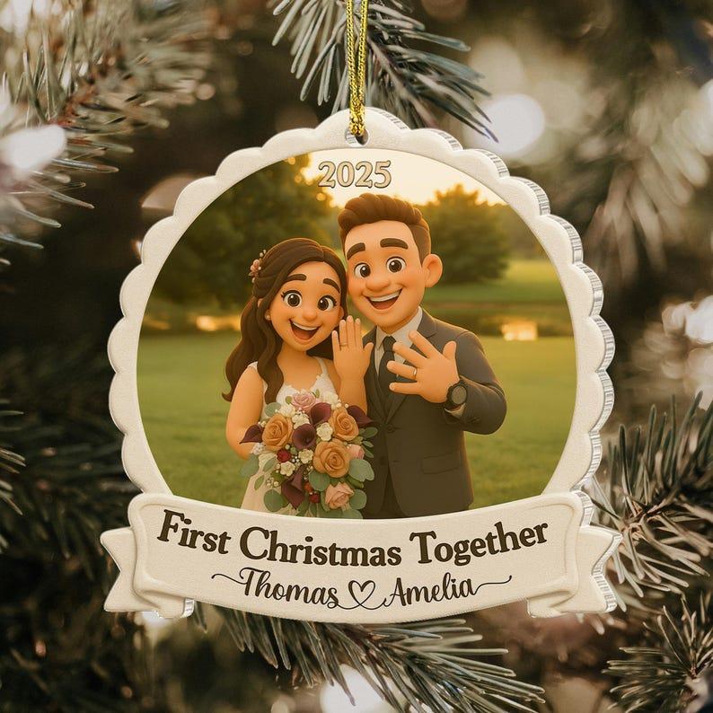 Personalized First Christmas Married Ornament, Custom Couples Photo Figure Ornament, First Christmas Together Gift For Him, Newlywed Gift - MySpotifyGlass