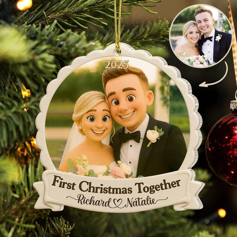 Personalized First Christmas Married Ornament, Custom Couples Photo Figure Ornament, First Christmas Together Gift For Him, Newlywed Gift - MySpotifyGlass