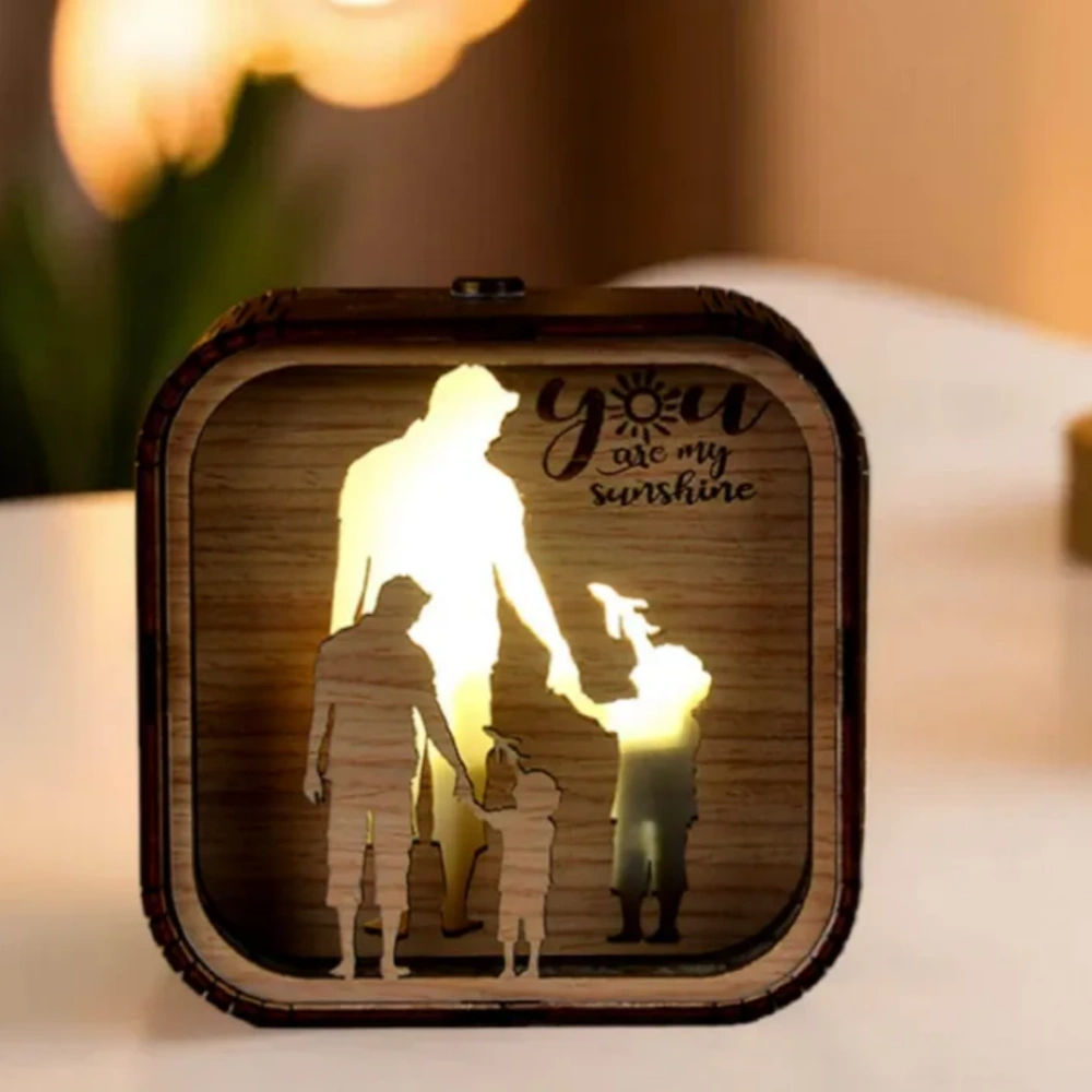 Custom Father's Day Wooden Light Box - Shadow Box Lamp, Personalized Dad and Kids Silhouette Night Light, Meaningful Fatherhood Gift & Music Box