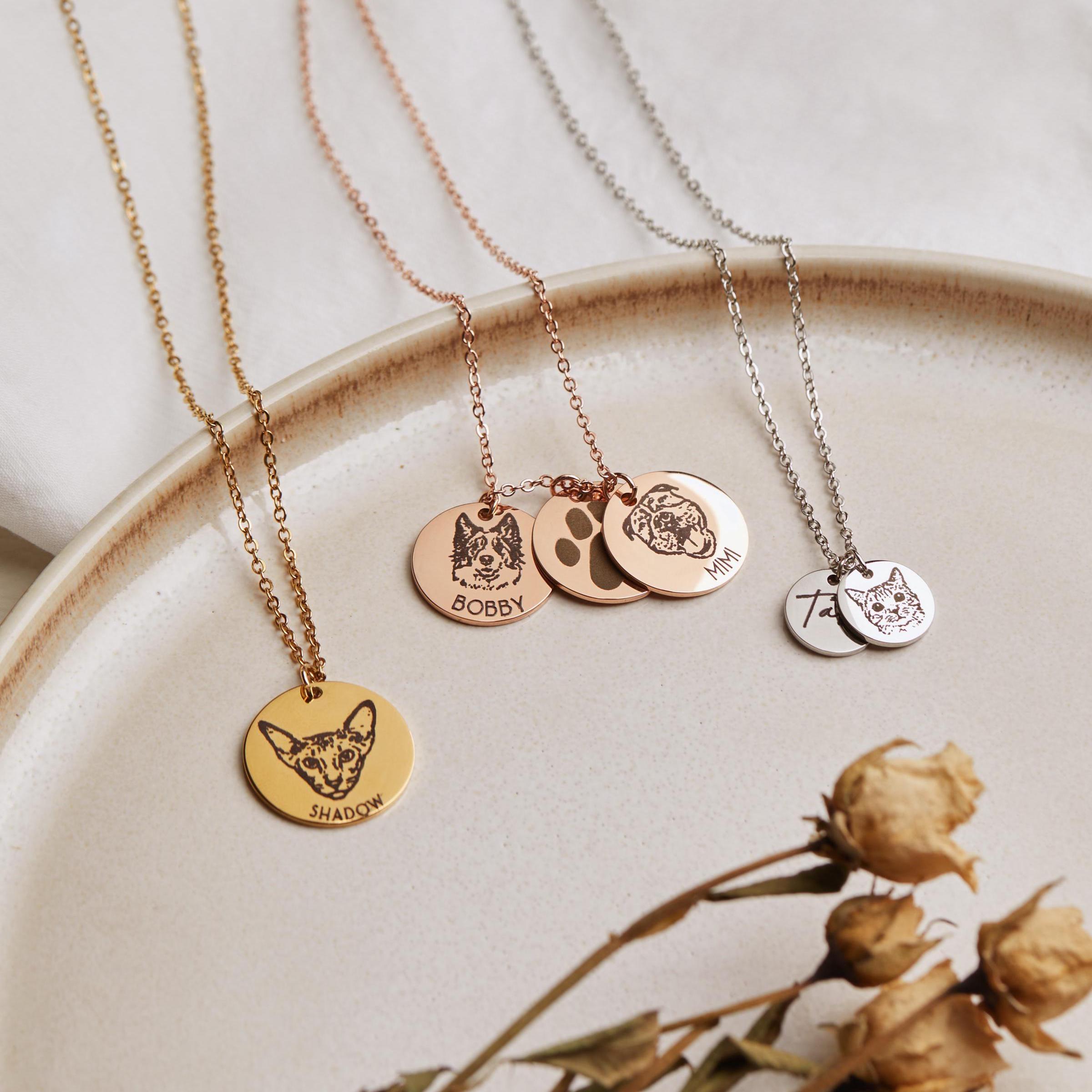 Custom Pet Portrait Necklace • Personalized Dog Cat Engraved Photo Disc Necklace • Memorial Pet Jewelry • Gift for Pet Lovers