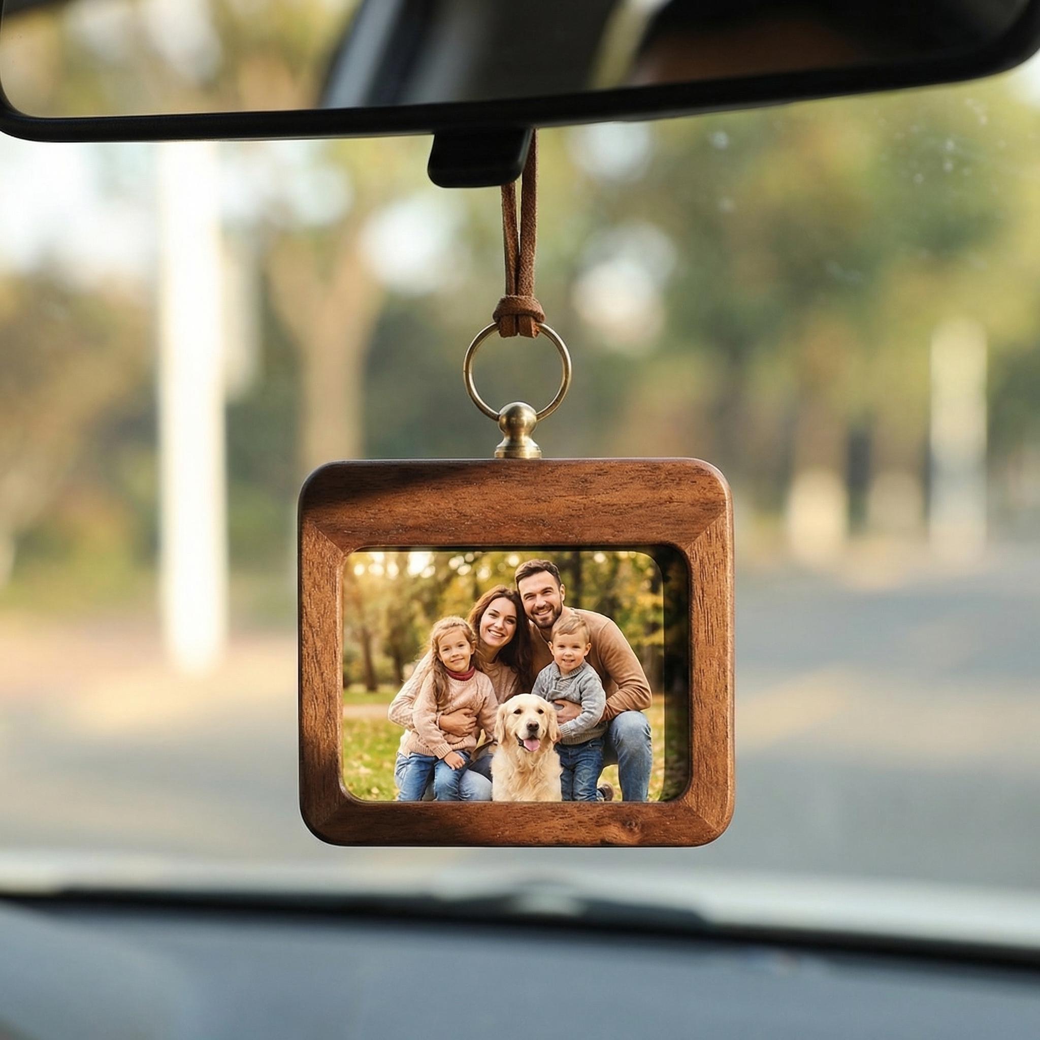 Personalized Wood Car Charm Photo Ornament | Custom Rearview Mirror Picture Frame | Gift for Husband Boyfriend, Fathers Day Gift from Kids - MySpotifyGlass