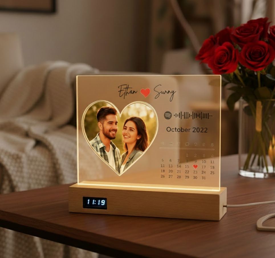Custom Clock Music Night Light - Personalized Heart Photo Valentine's Day Gift Acrylic Calendar with Spotify Code for Couples