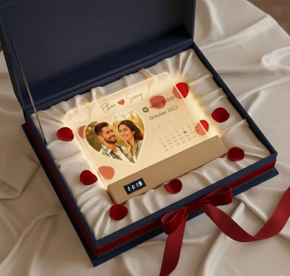 Custom Clock Music Night Light - Personalized Heart Photo Valentine's Day Gift Acrylic Calendar with Spotify Code for Couples