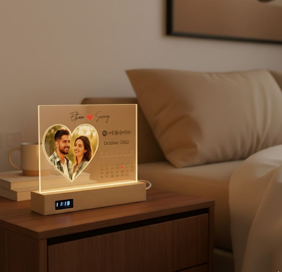 Custom Clock Music Night Light - Personalized Heart Photo Valentine's Day Gift Acrylic Calendar with Spotify Code for Couples