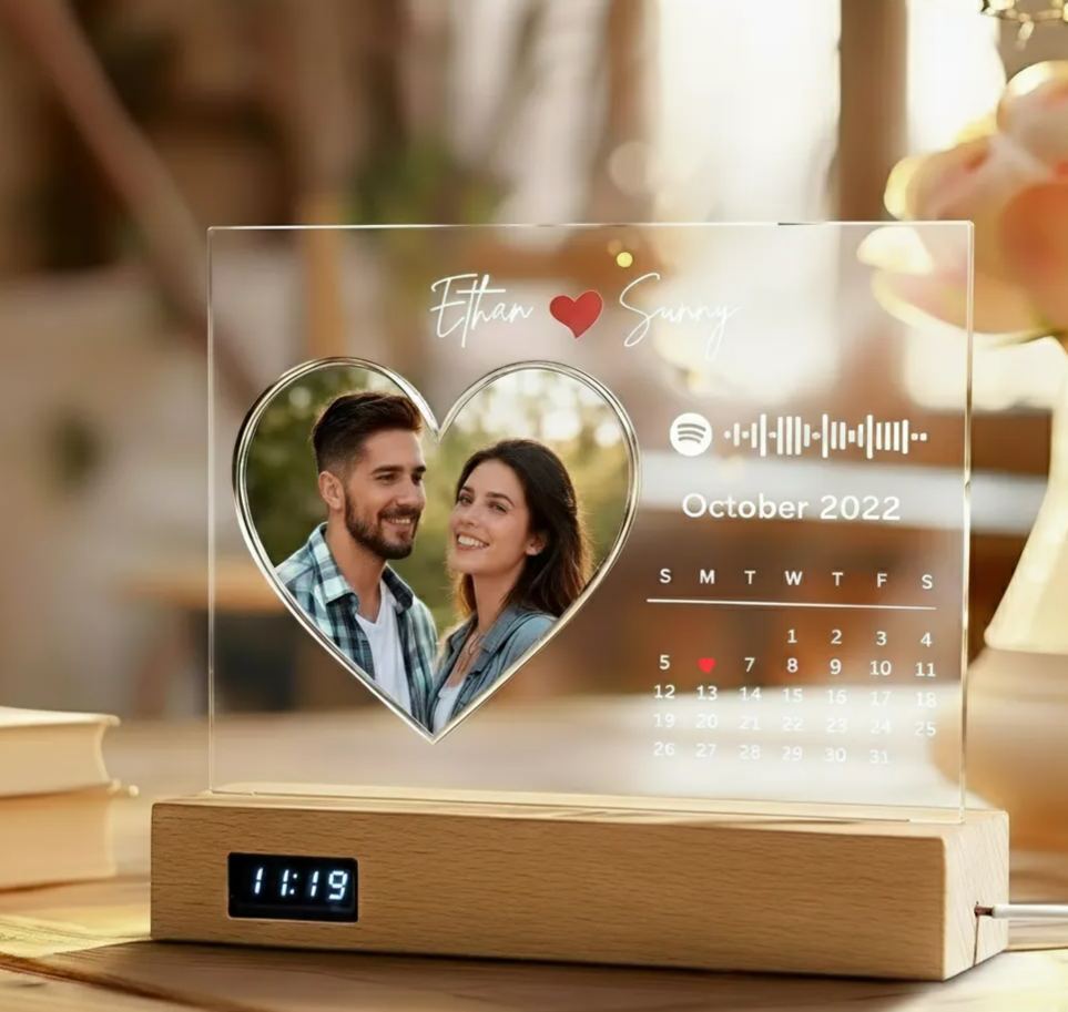 Custom Clock Music Night Light - Personalized Heart Photo Valentine's Day Gift Acrylic Calendar with Spotify Code for Couples