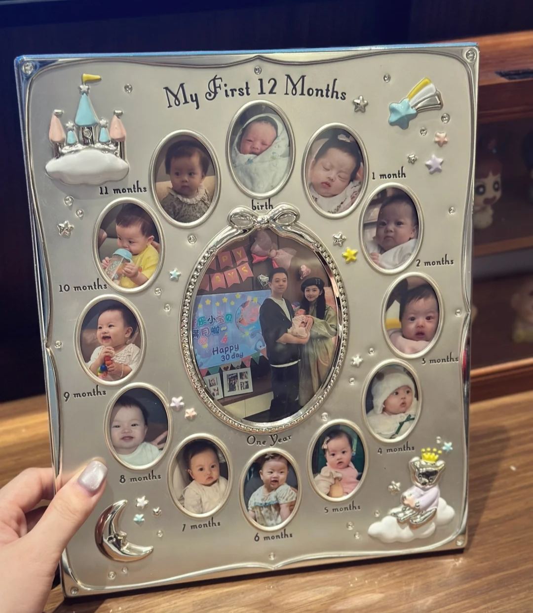 My First 12 Months Custom Photo Frame, 13-Photo Monthly Memory Clock Frame, Personalized Baby/ Couple/ Self Growth Keepsake Gift