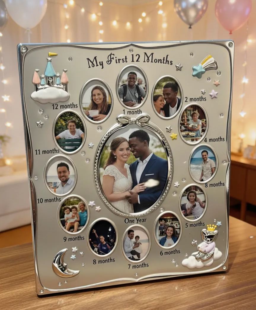 My First 12 Months Custom Photo Frame, 13-Photo Monthly Memory Clock Frame, Personalized Baby/ Couple/ Self Growth Keepsake Gift