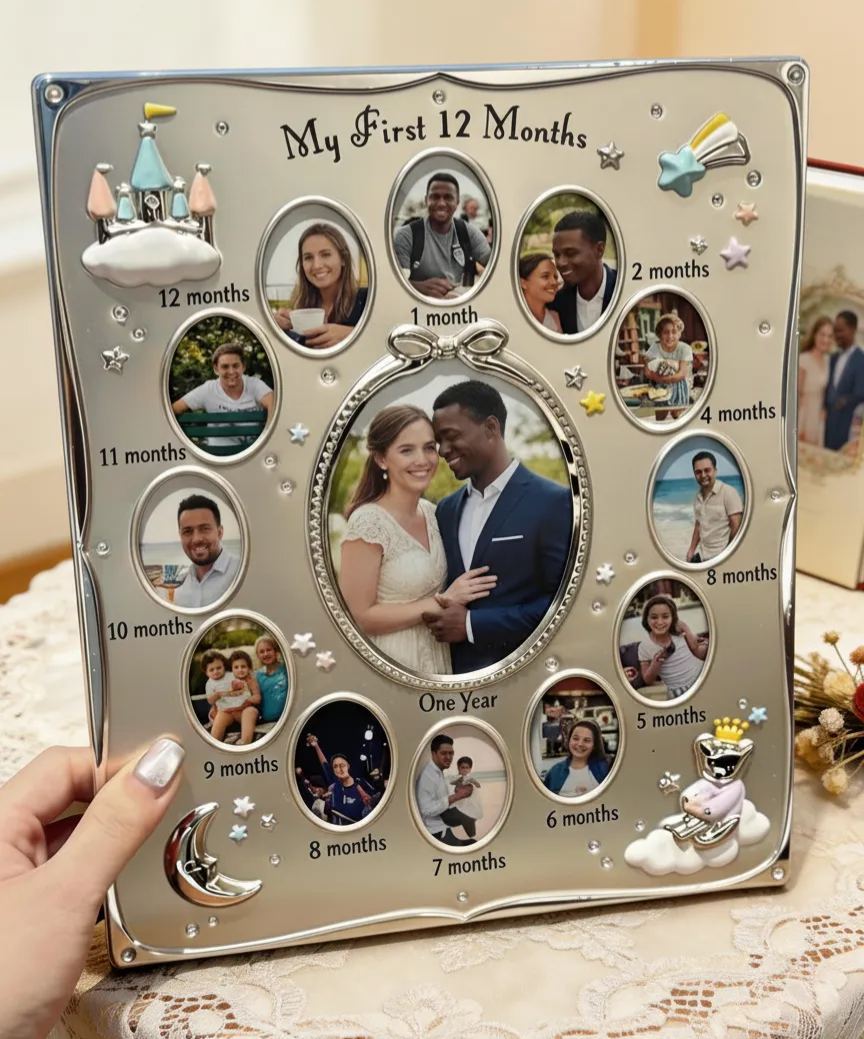 My First 12 Months Custom Photo Frame, 13-Photo Monthly Memory Clock Frame, Personalized Baby/ Couple/ Self Growth Keepsake Gift