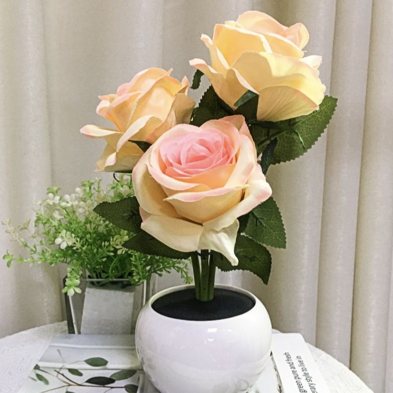 Artificial Rose Ambient Light  PU Rose Flower Table Lamp with Ceramic Pot, Romantic Decorative Night Light for Bedroom Desk
