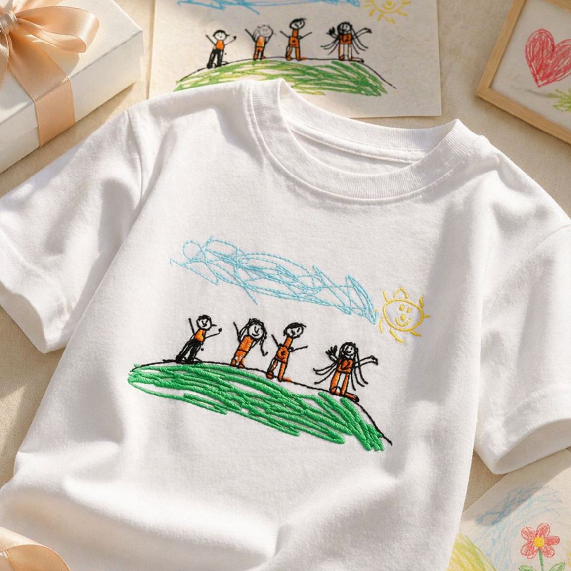 Custom Kids Drawing Embroidered T-Shirt – Personalized Child Artwork Tee, Custom Family Portrait Embroidery Shirt, Meaningful Gift for Mom, Dad & Grandparents - MySpotifyGlass