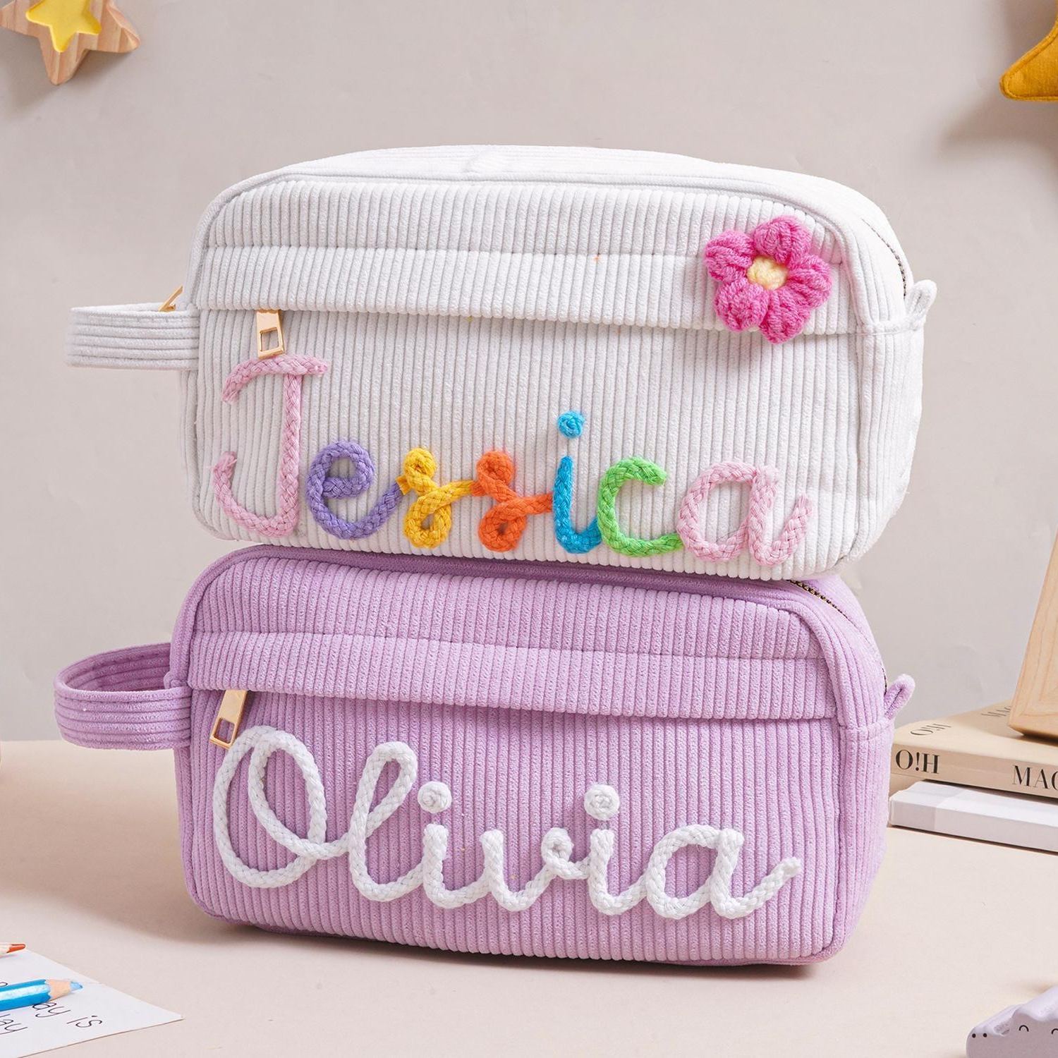 Personalized Corduroy Pencil Case, Custom Name Corduroy Pouch, Back to School Gift, Monogram Pencil Bag with Yarn Name, Gift for Kids - MySpotifyGlass