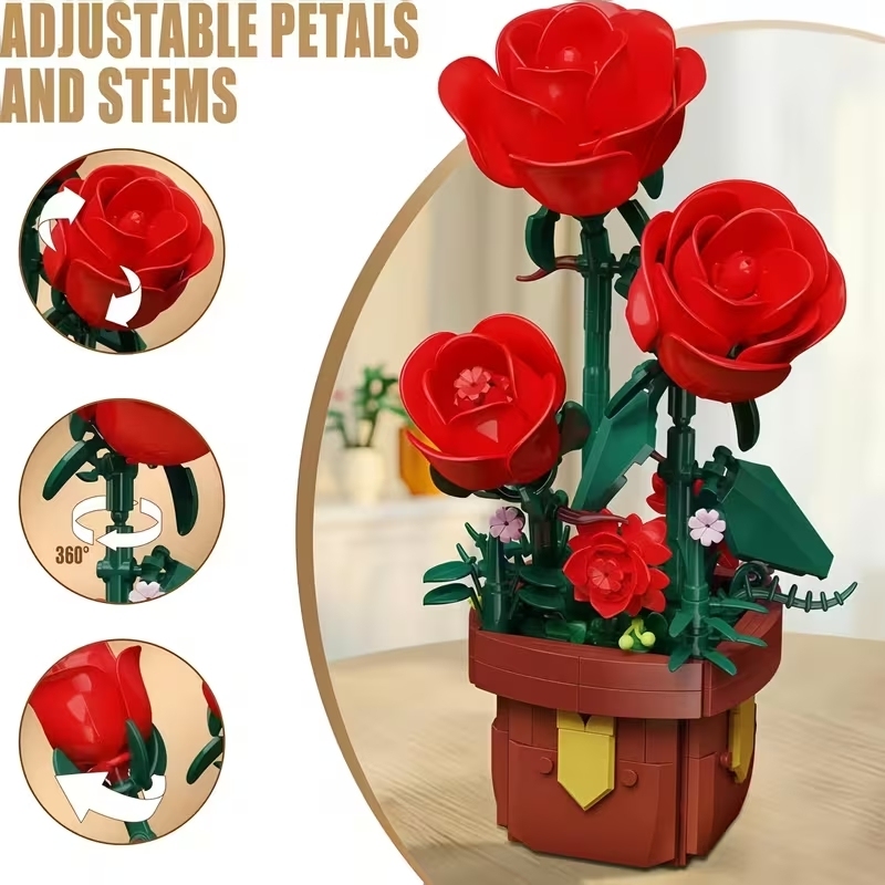 Potted Flower Building Blocks Set, Artificial Plant Assembly Model, Home Office Decor, Ideal Gift for All Ages