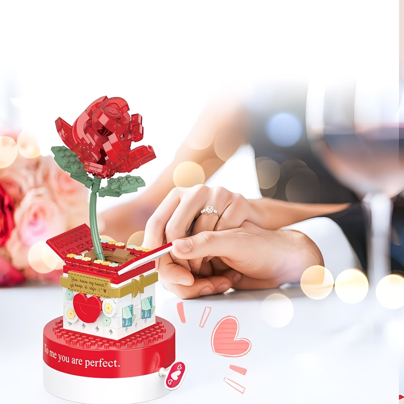 Custom Music Rose Flower Music Box Building Blocks, Romantic Anniversary Gift for Her
