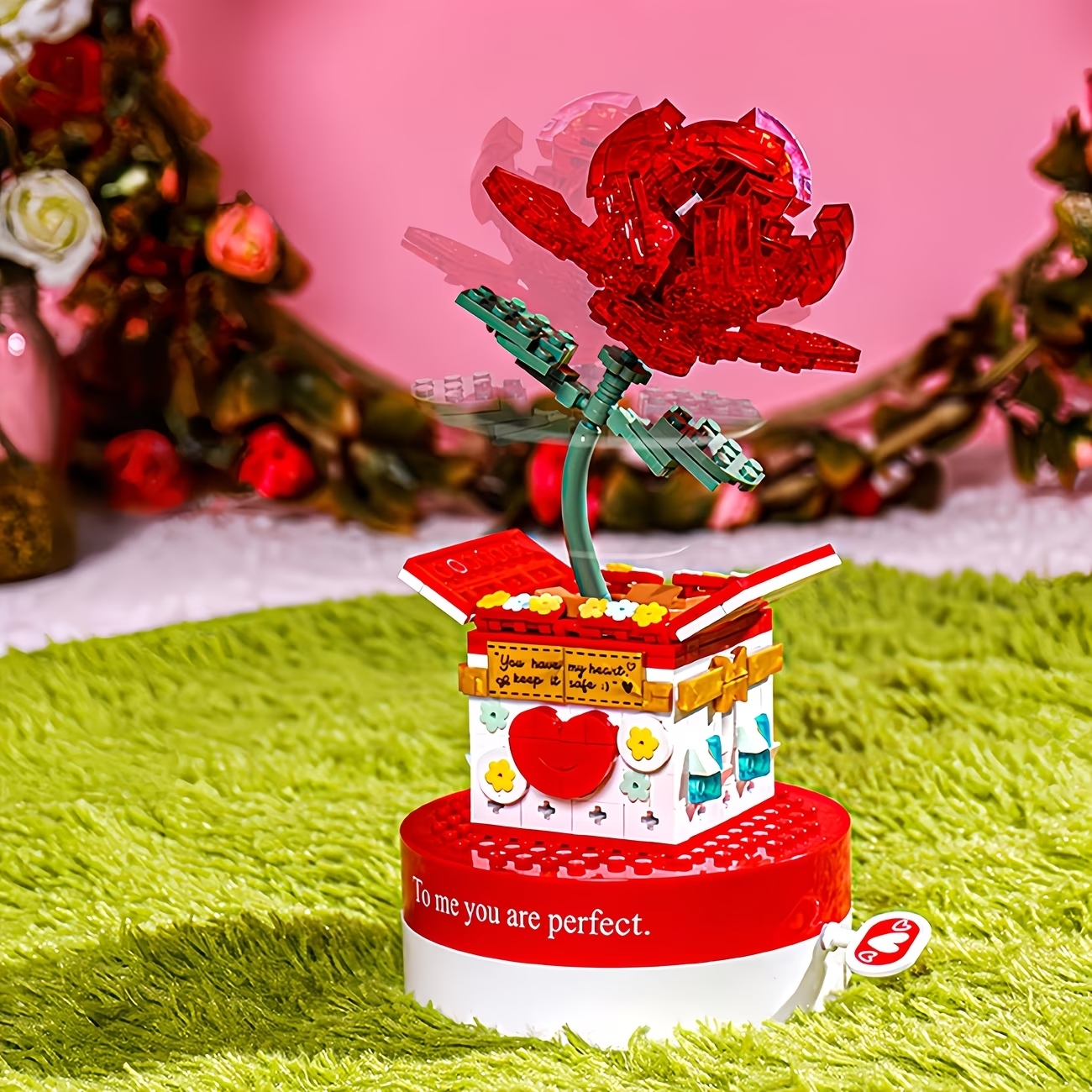 Custom Music Rose Flower Music Box Building Blocks, Romantic Anniversary Gift for Her