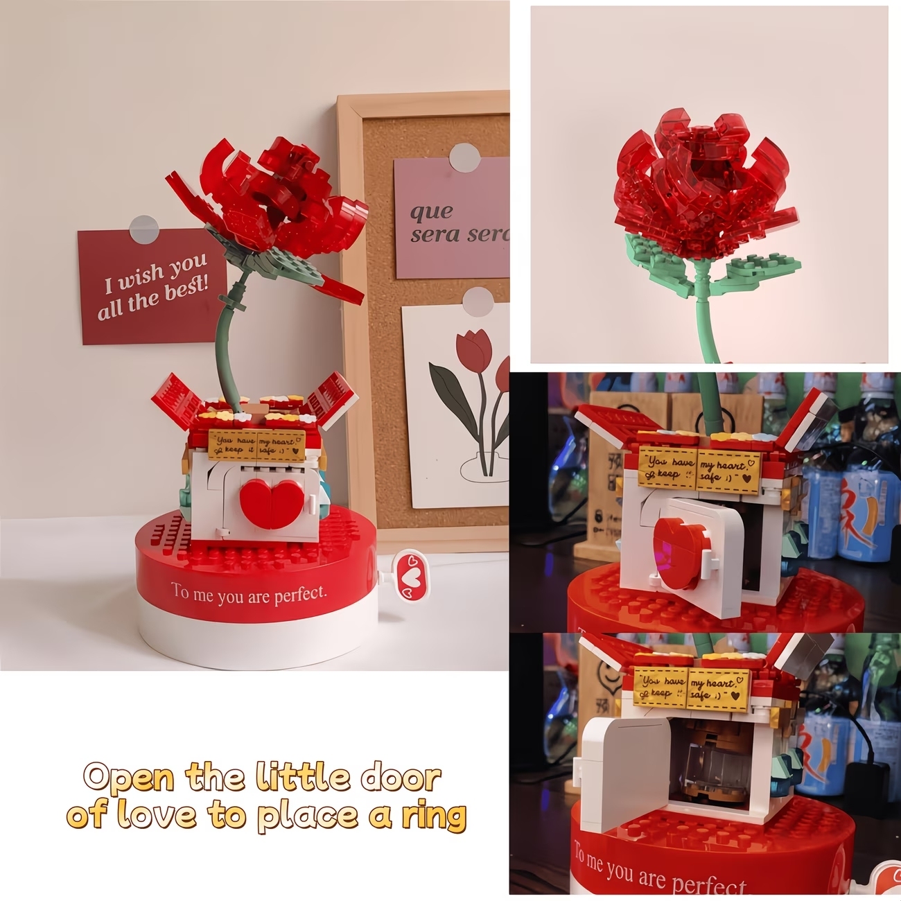 Custom Music Rose Flower Music Box Building Blocks, Romantic Anniversary Gift for Her